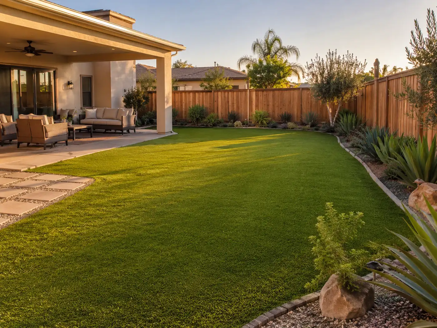 Artificial grass backyard with patio at a Delano, CA home
