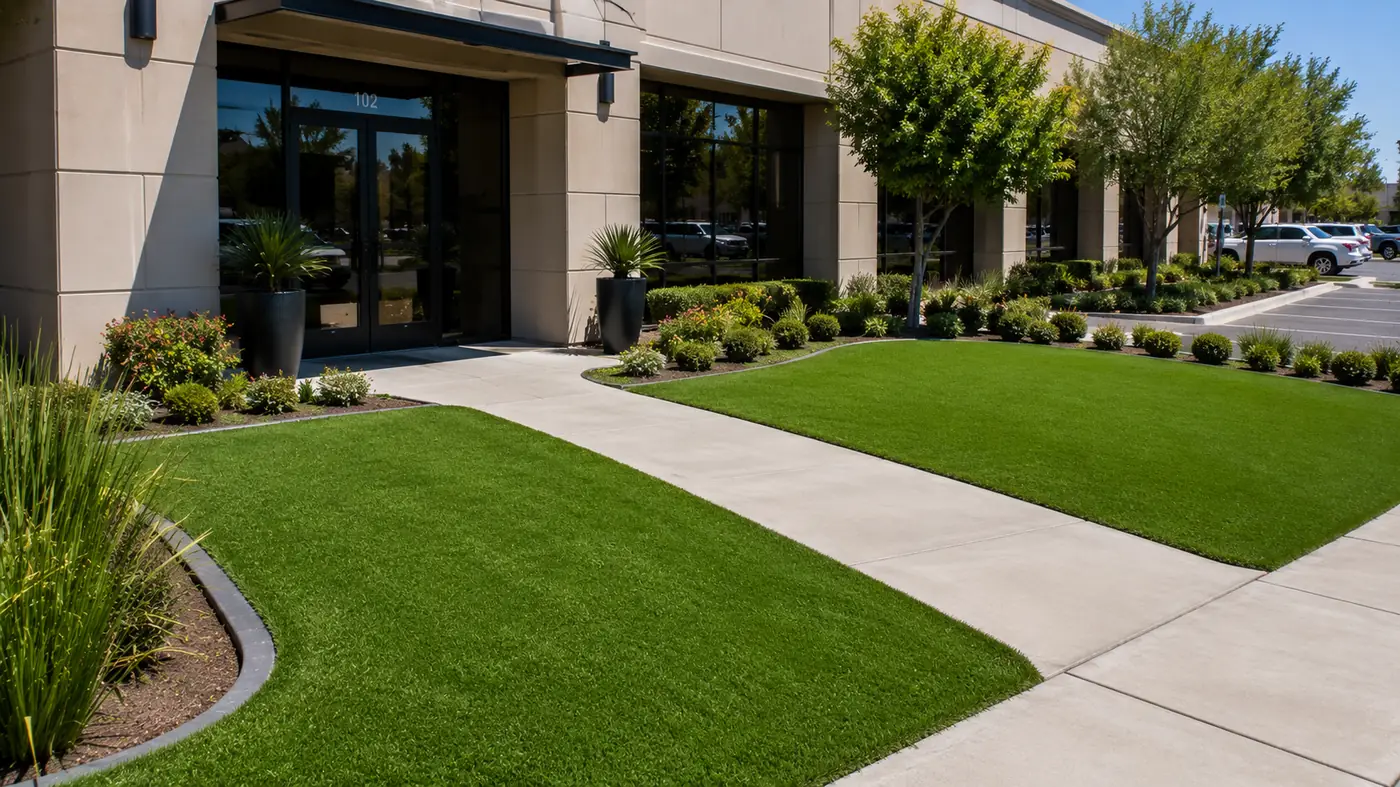Commercial building with artificial turf landscaping