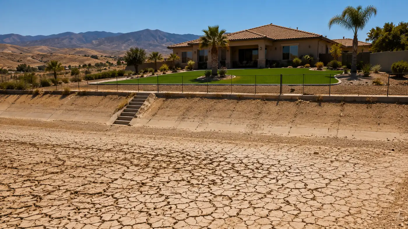 Drought-stricken California landscape beside a water-wise turf yard