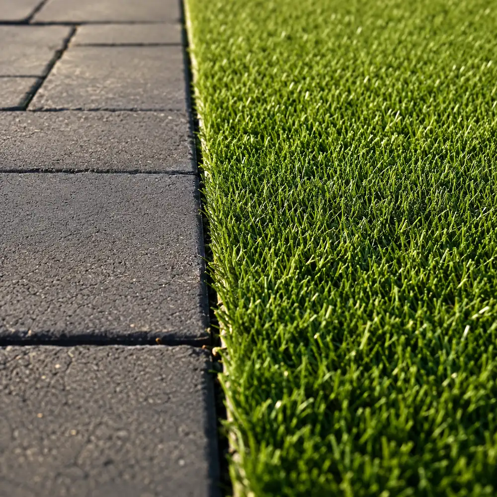 Clean edge where artificial turf meets pavers