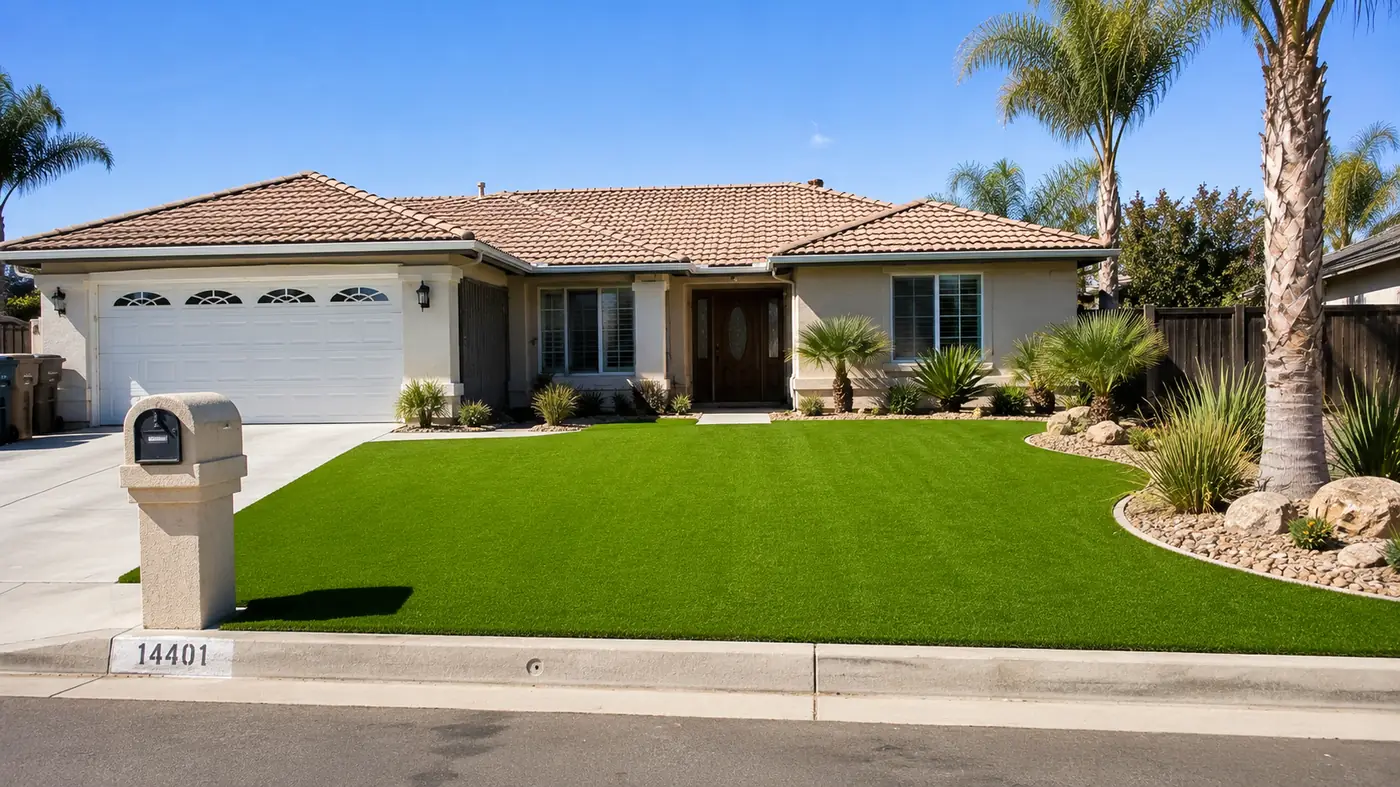 Artificial grass front lawn, Bakersfield