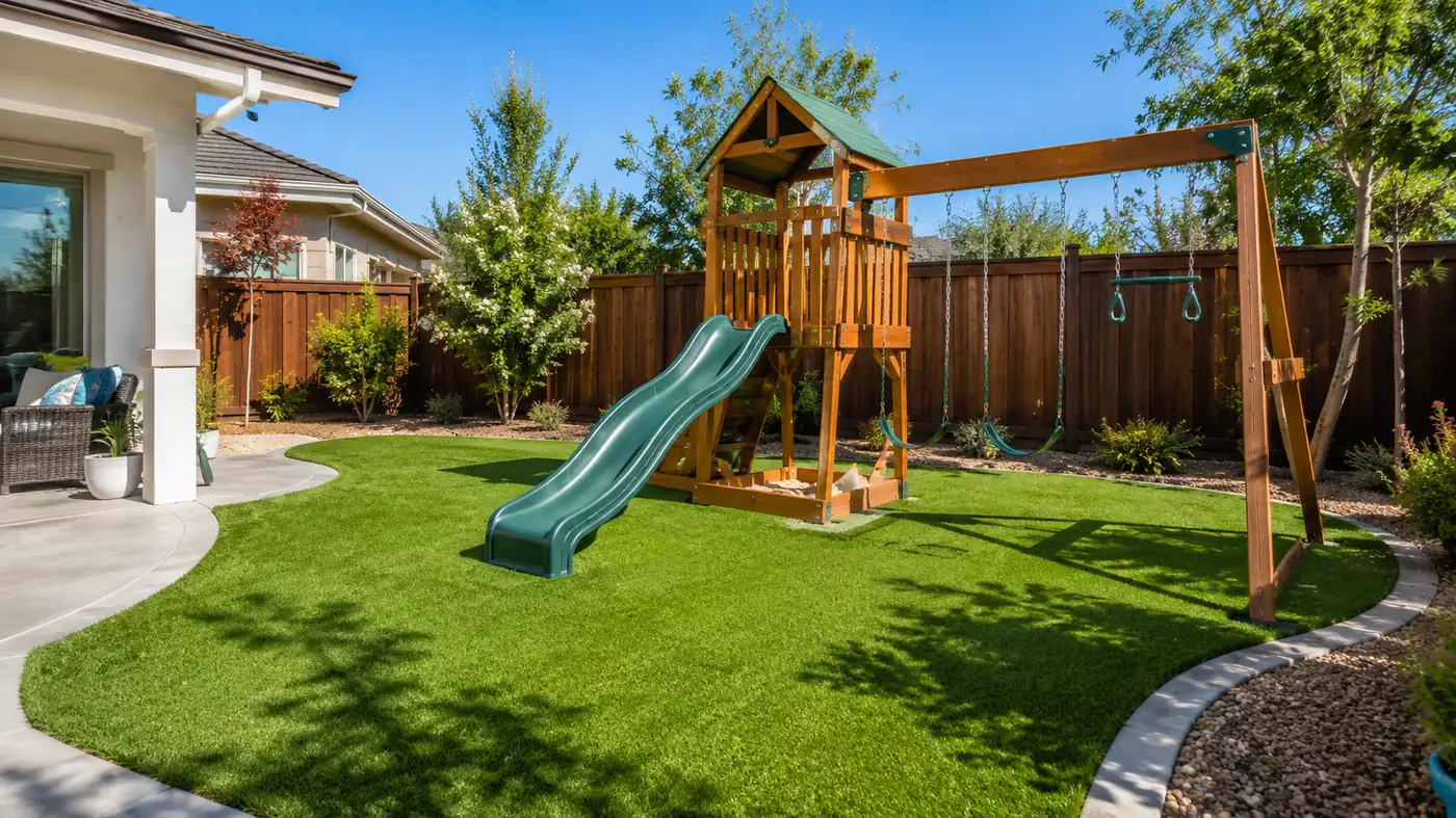 Backyard playground on soft artificial turf