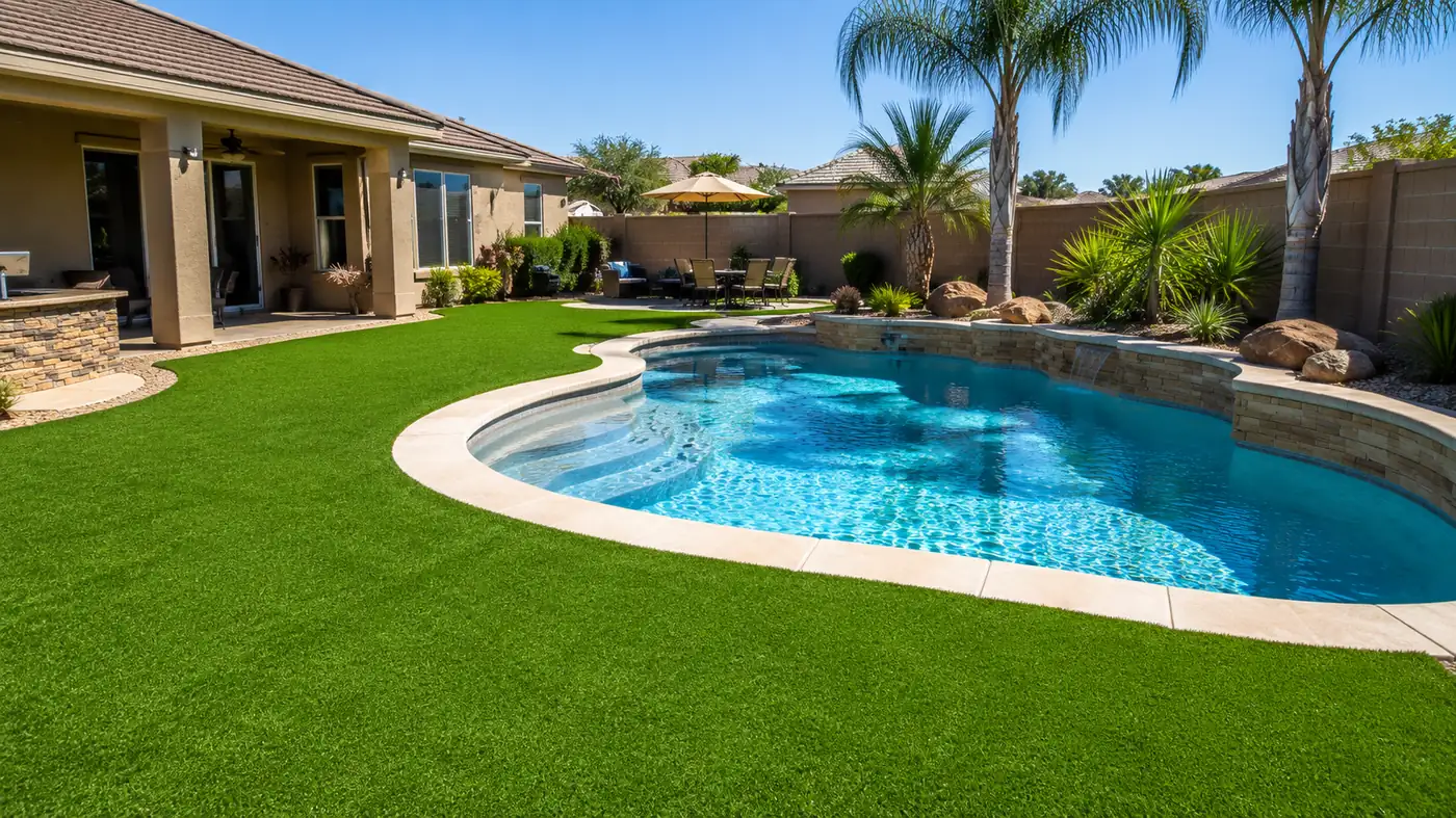 Artificial grass surrounding a backyard pool