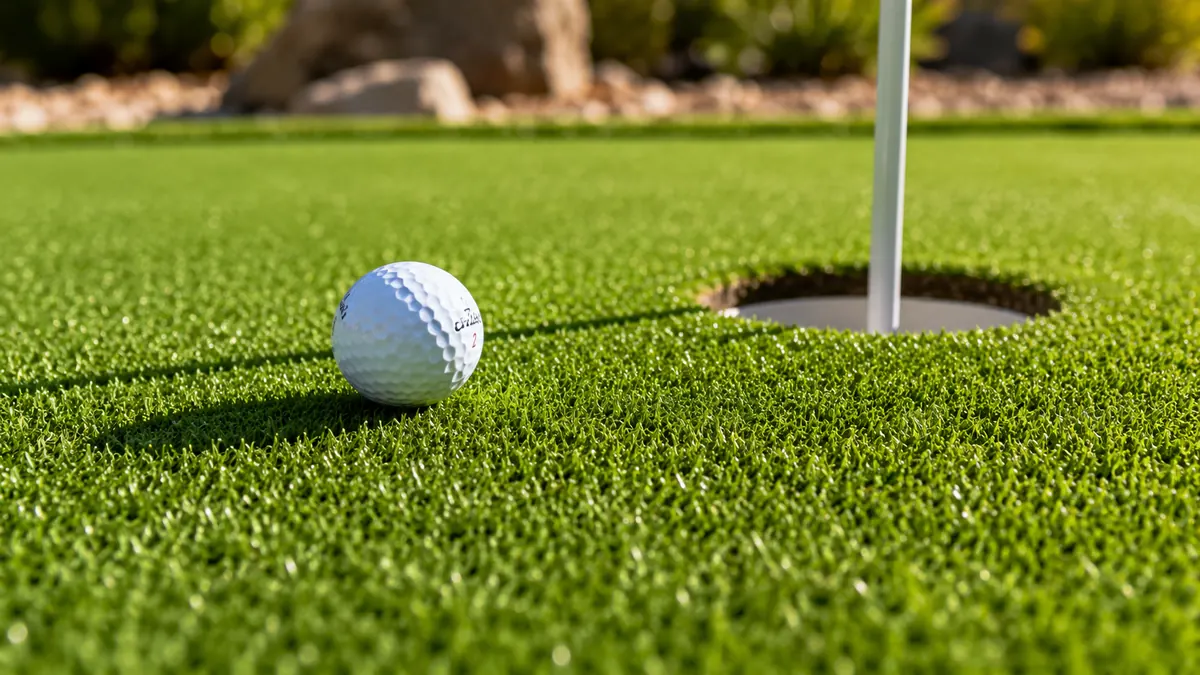 Golf ball rolling toward the cup on synthetic putting green