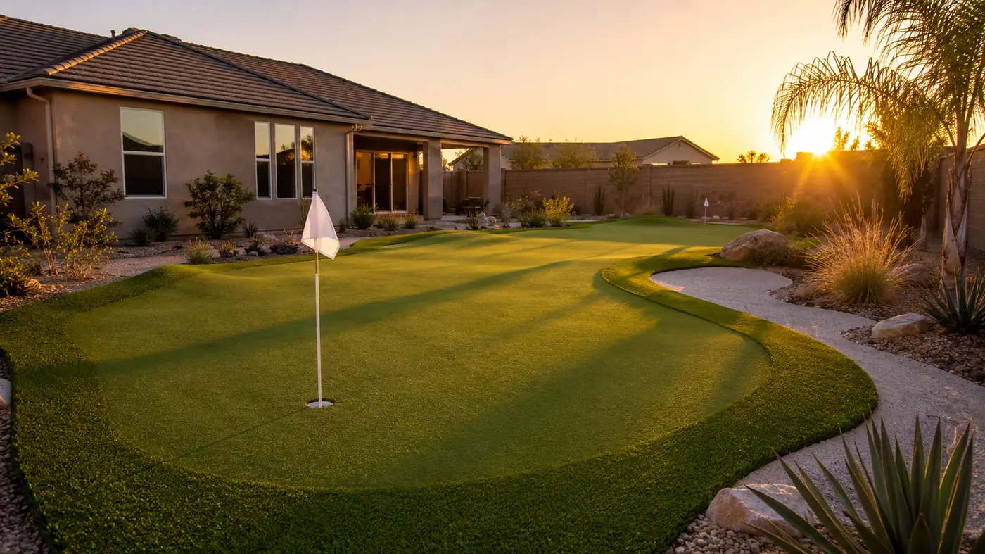 Backyard putting green at golden hour