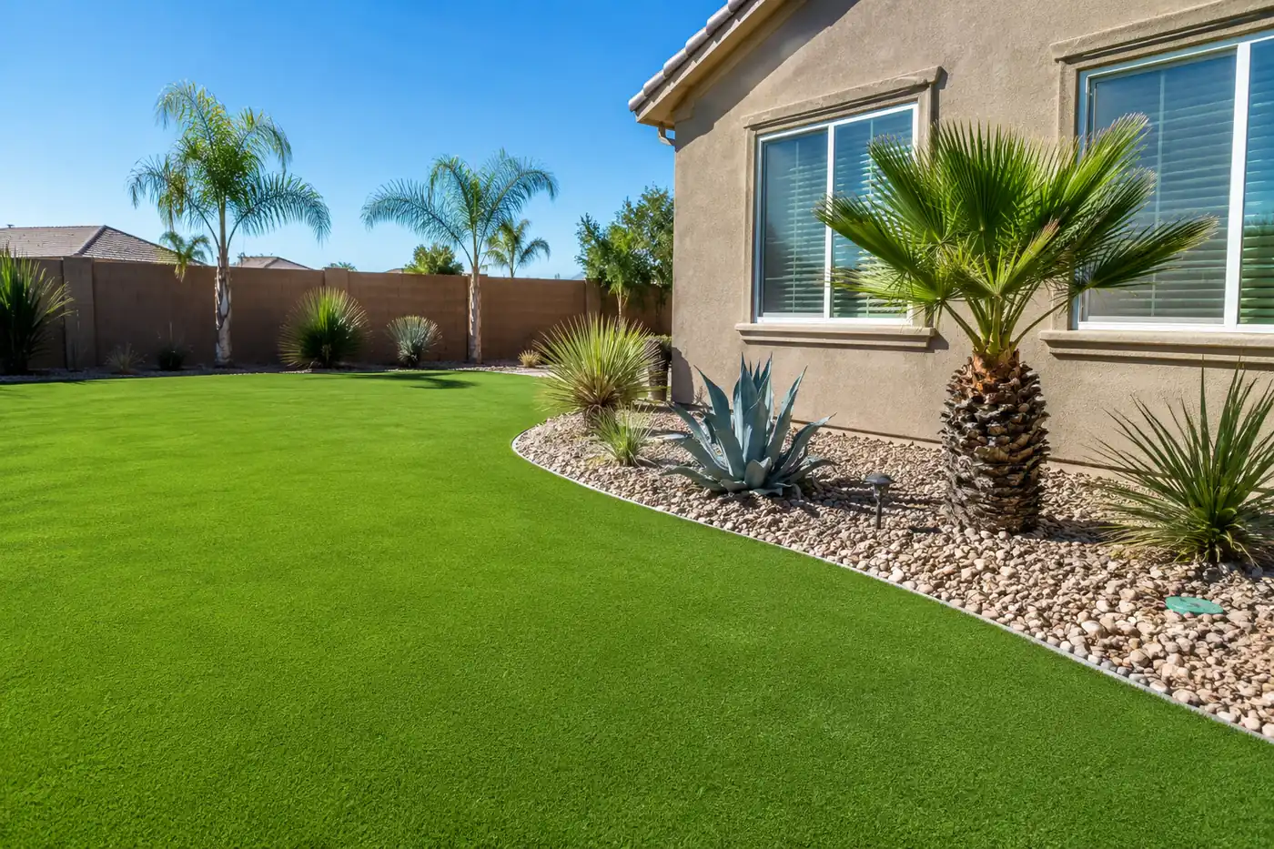 Water-wise Bakersfield yard with artificial grass and desert plants